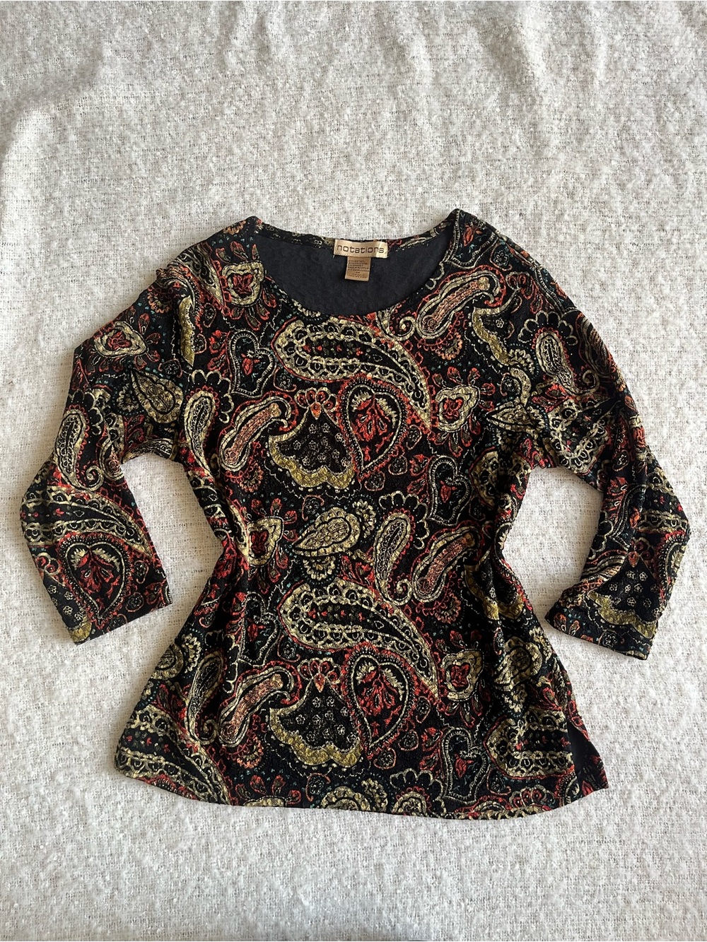 Notations Black Paisley Long Sleeve Top with Red and Gold Accents